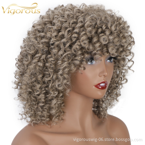 Vigorous Afro Kinky Curly Top Quality Cheap Colorful Fiber With Bangs For Black Women Premium Short Bob Synthetic Wig